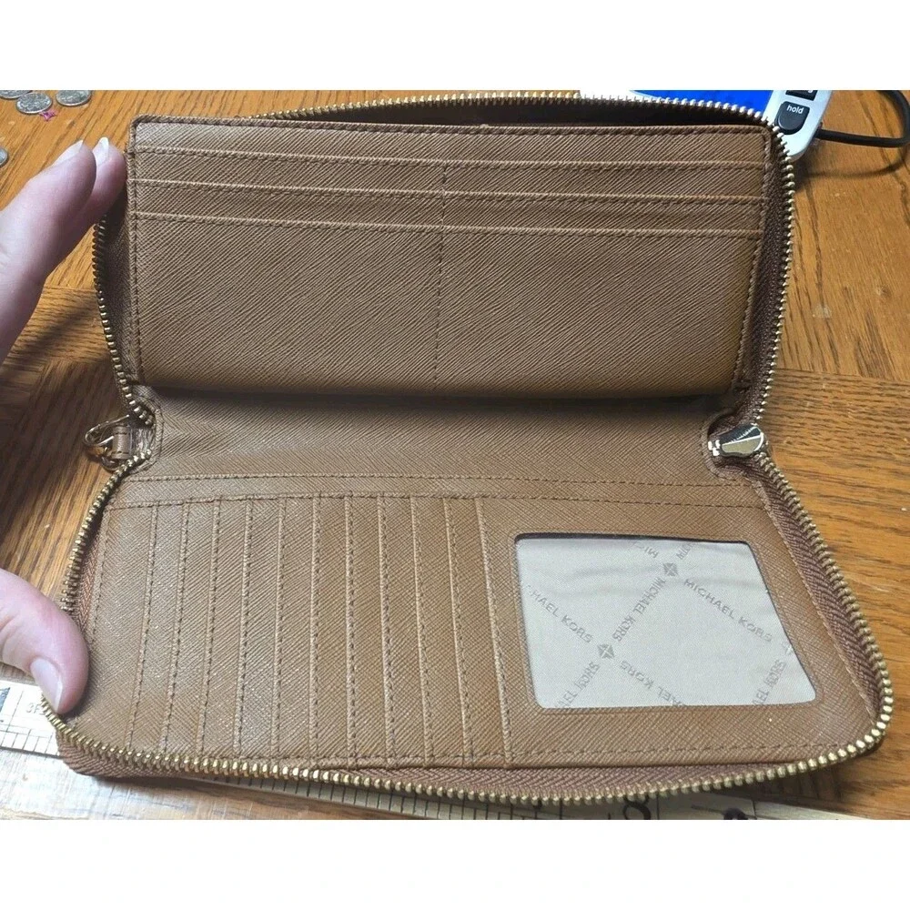 Michael Kors Brown Leather Zip Around Wallet Wristlet  Full Size